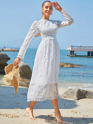 Eilly Bazar Floral Embroidery Frill Lace Overlay Dress