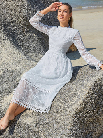 Eilly Bazar Floral Embroidery Frill Lace Overlay Dress