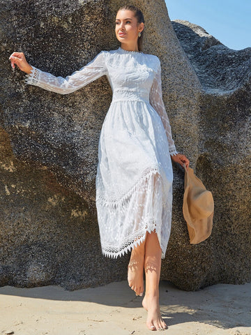 Eilly Bazar Floral Embroidery Frill Lace Overlay Dress