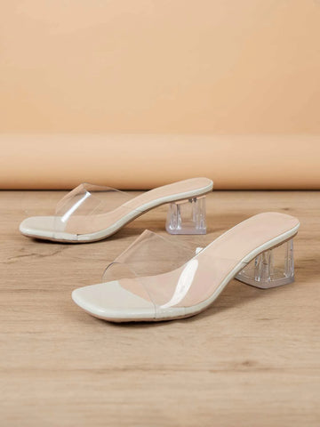 Women Mules, PVC Chunky Heeled Fashion Sandals