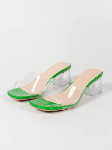 Women Mules, PVC Chunky Heeled Fashion Sandals