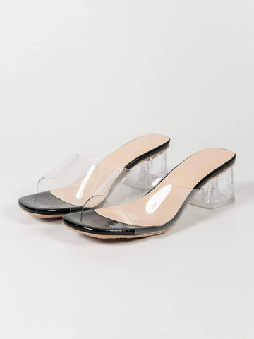 Women Mules, PVC Chunky Heeled Fashion Sandals