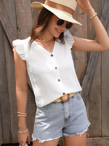 EMERY ROSE Solid Ruffle Trim Button Front Butterfly Sleeve Blouse