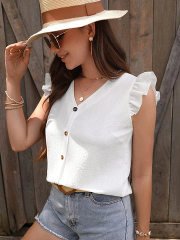 EMERY ROSE Solid Ruffle Trim Button Front Butterfly Sleeve Blouse