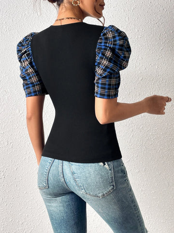EMERY ROSE Plaid Print Puff Sleeve Tee