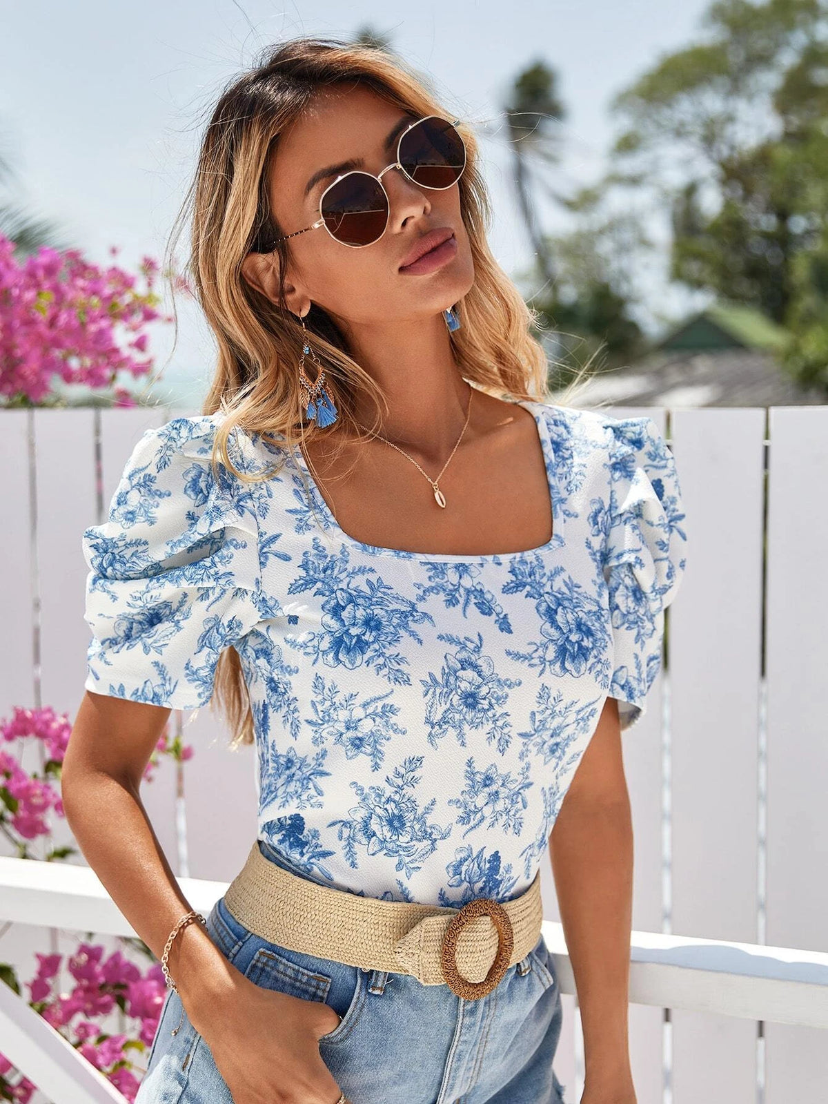 VCAY Floral Print Square Neck Puff Sleeve Tee