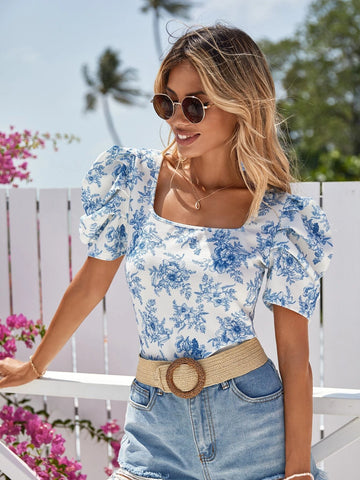 VCAY Floral Print Square Neck Puff Sleeve Tee