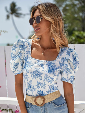 VCAY Floral Print Square Neck Puff Sleeve Tee