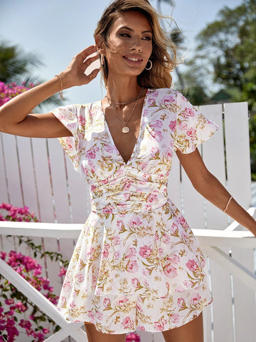 Floral Print Ruched Bust Romper