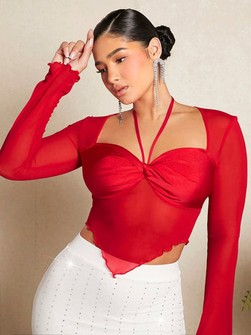 SXY Tie Back Asymmetrical Hem Crop Tee