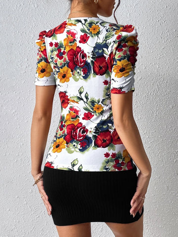 EMERY ROSE Floral Print Puff Sleeve Tee