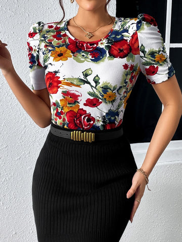 EMERY ROSE Floral Print Puff Sleeve Tee
