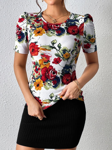 EMERY ROSE Floral Print Puff Sleeve Tee