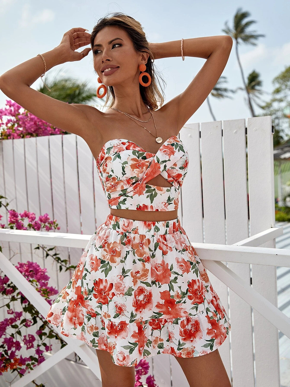 Floral Print Twist Front Tube Top & Skirt