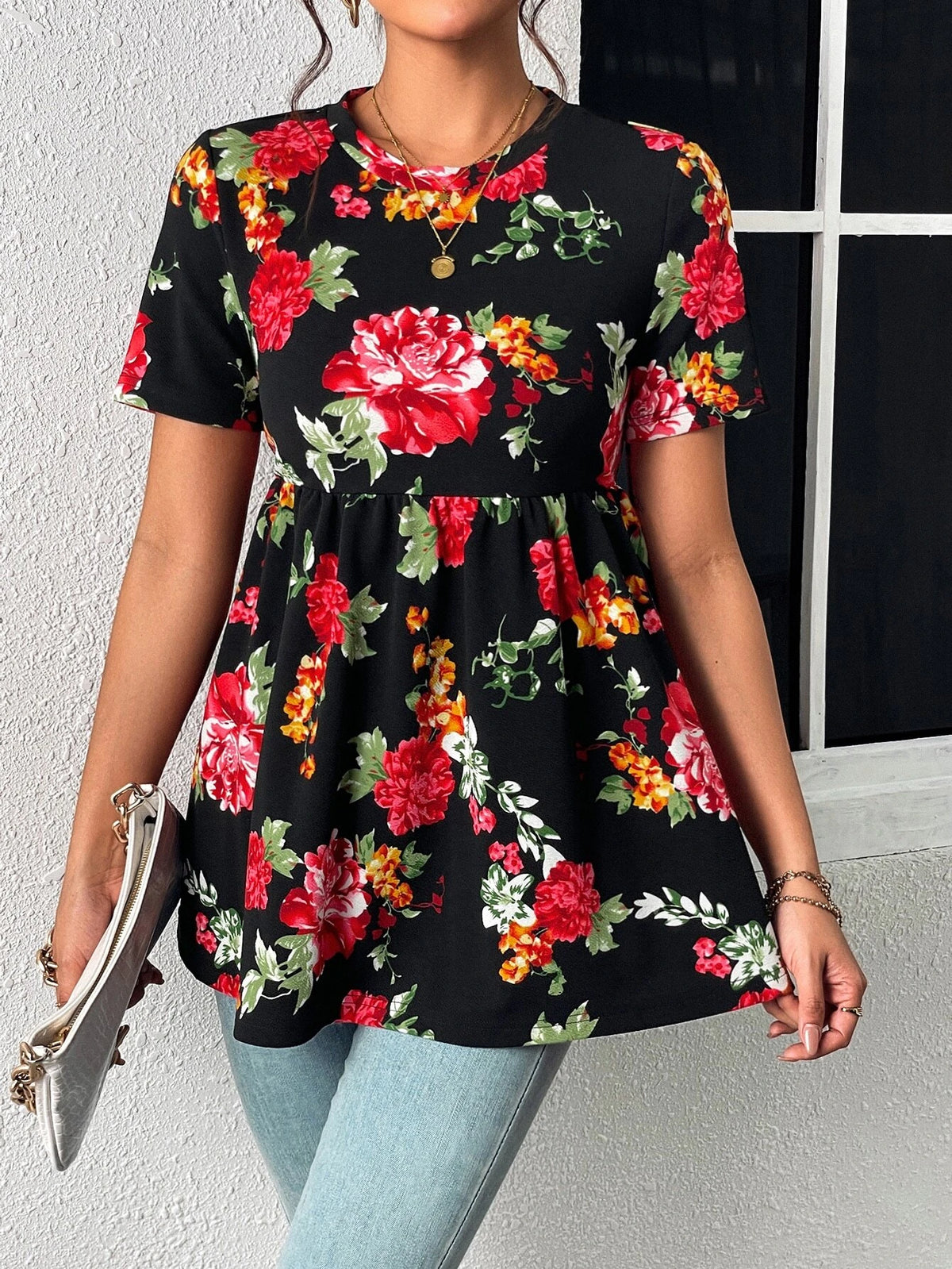 EMERY ROSE Floral Print Peplum Tee