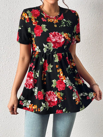 EMERY ROSE Floral Print Peplum Tee