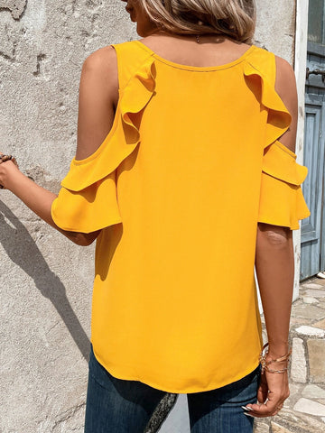 EMERY ROSE Cold Shoulder Ruffle Trim Blouse