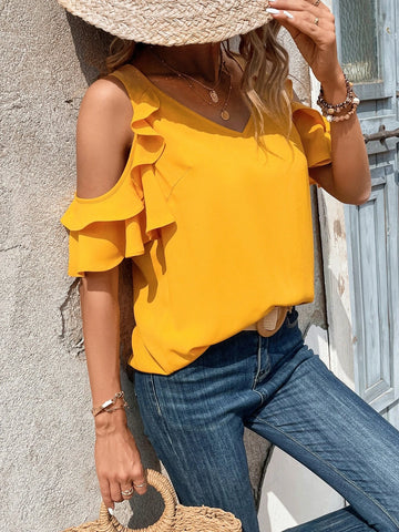 EMERY ROSE Cold Shoulder Ruffle Trim Blouse