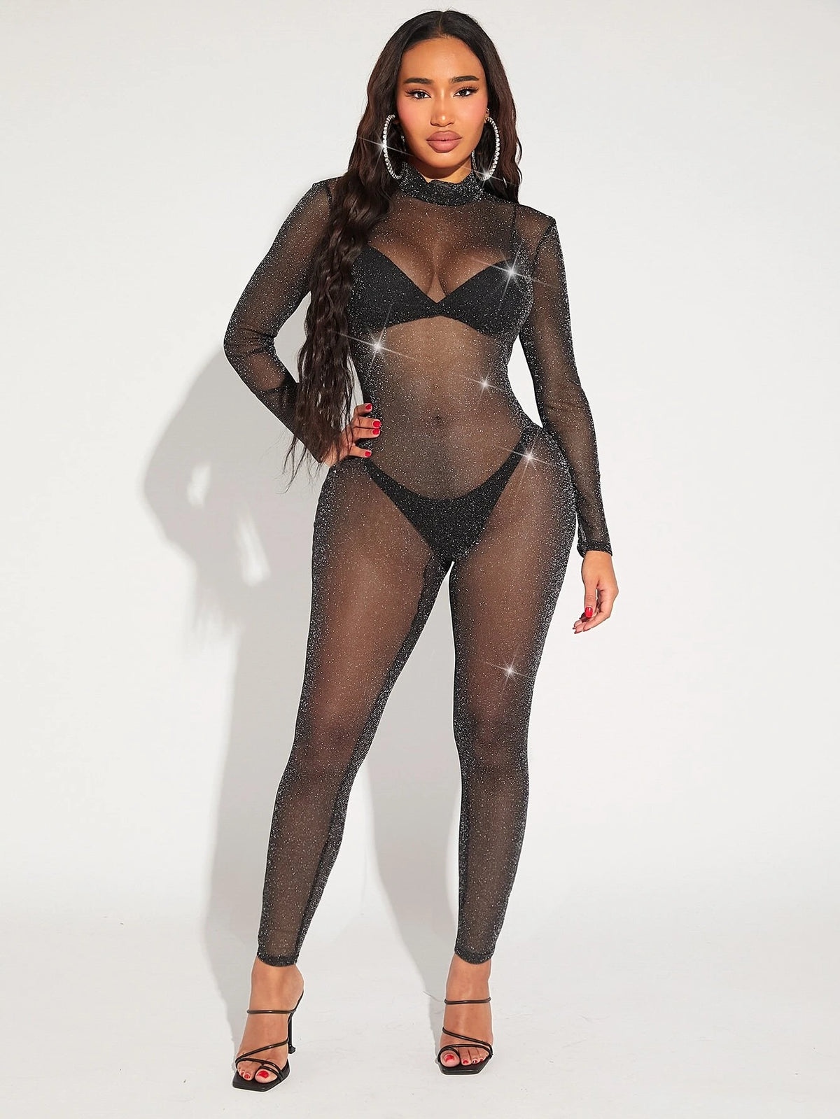 Mock Neck Glitter Mesh Unitard Jumpsuit Without Lingerie Set