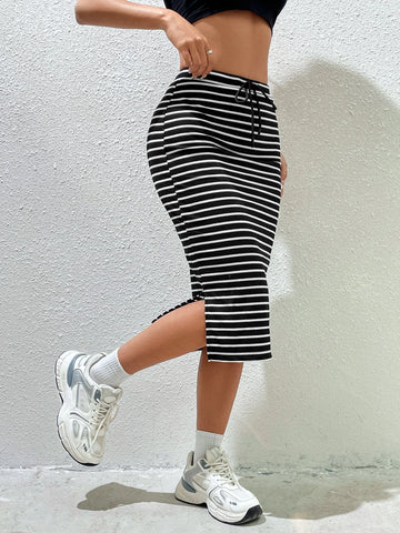 EZwear Striped Split Side Drawstring Waist Skirt