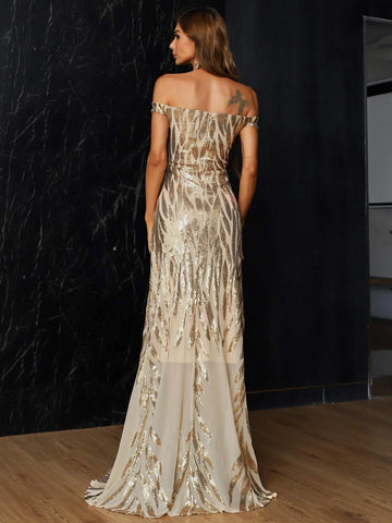 Missord Off Shoulder Sequin Mesh Formal Dress