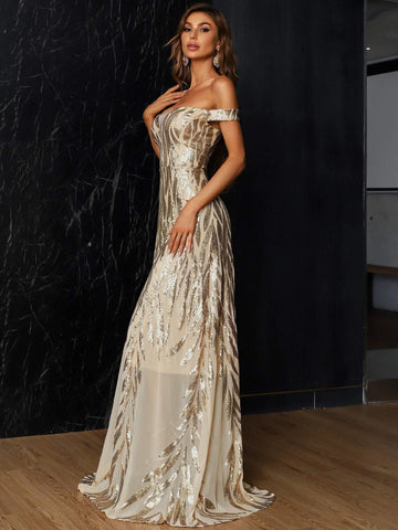 Missord Off Shoulder Sequin Mesh Formal Dress
