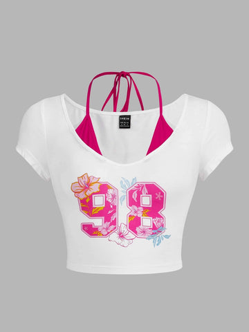 ICON Floral Print Tie Back 2 in 1 Crop Tee