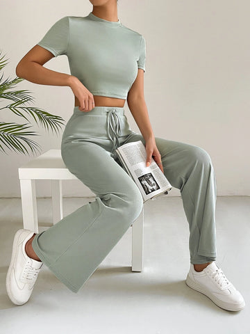 Solid Crop Tee & Tie Waist Pants
