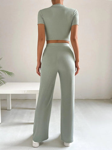 Solid Crop Tee & Tie Waist Pants