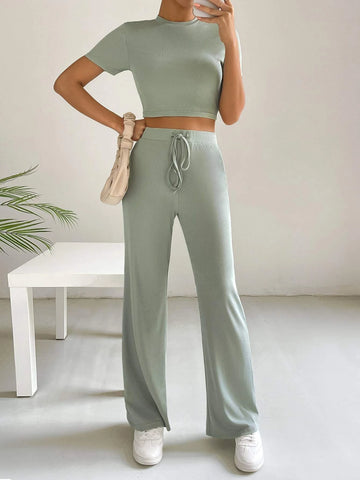 Solid Crop Tee & Tie Waist Pants