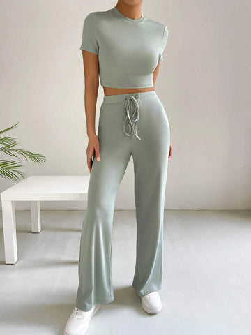 Solid Crop Tee & Tie Waist Pants