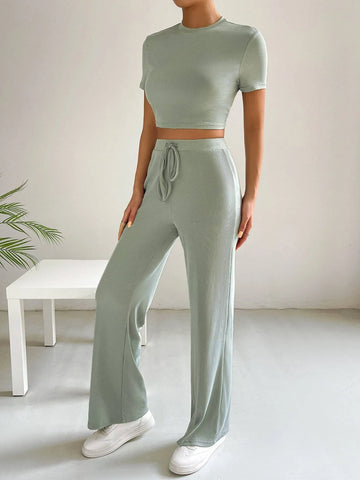 Solid Crop Tee & Tie Waist Pants