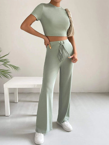Solid Crop Tee & Tie Waist Pants