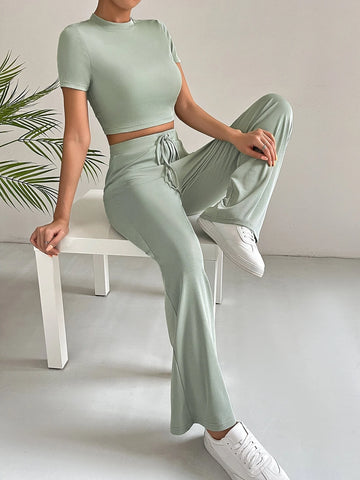 Solid Crop Tee & Tie Waist Pants