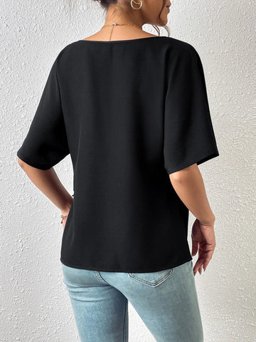 EMERY ROSE Solid Batwing Sleeve Wrap Knot Side Blouse