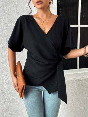 EMERY ROSE Solid Batwing Sleeve Wrap Knot Side Blouse