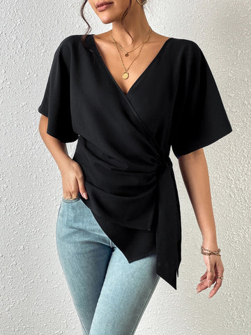 EMERY ROSE Solid Batwing Sleeve Wrap Knot Side Blouse