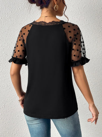 EMERY ROSE Contrast Dobby Mesh Raglan Sleeve Lace Trim Tee