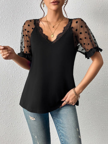 EMERY ROSE Contrast Dobby Mesh Raglan Sleeve Lace Trim Tee