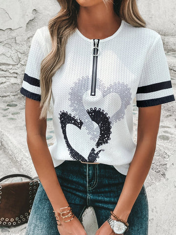 EMERY ROSE Heart Print Half Zip Striped Trim Tee