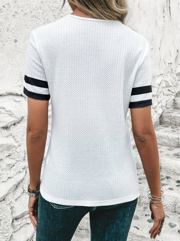 EMERY ROSE Heart Print Half Zip Striped Trim Tee