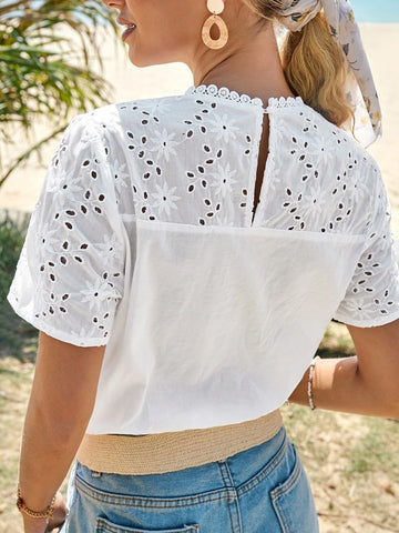 Frenchy Eyelet Embroidery Keyhole Back Blouse