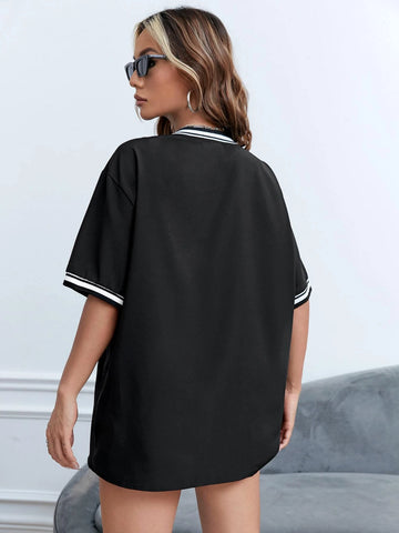 EZwear Letter Graphic Striped Trim Drop Shoulder Baseball Collar Shirt