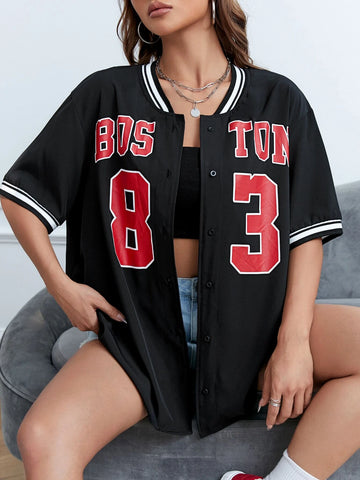 EZwear Letter Graphic Striped Trim Drop Shoulder Baseball Collar Shirt