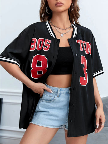 EZwear Letter Graphic Striped Trim Drop Shoulder Baseball Collar Shirt