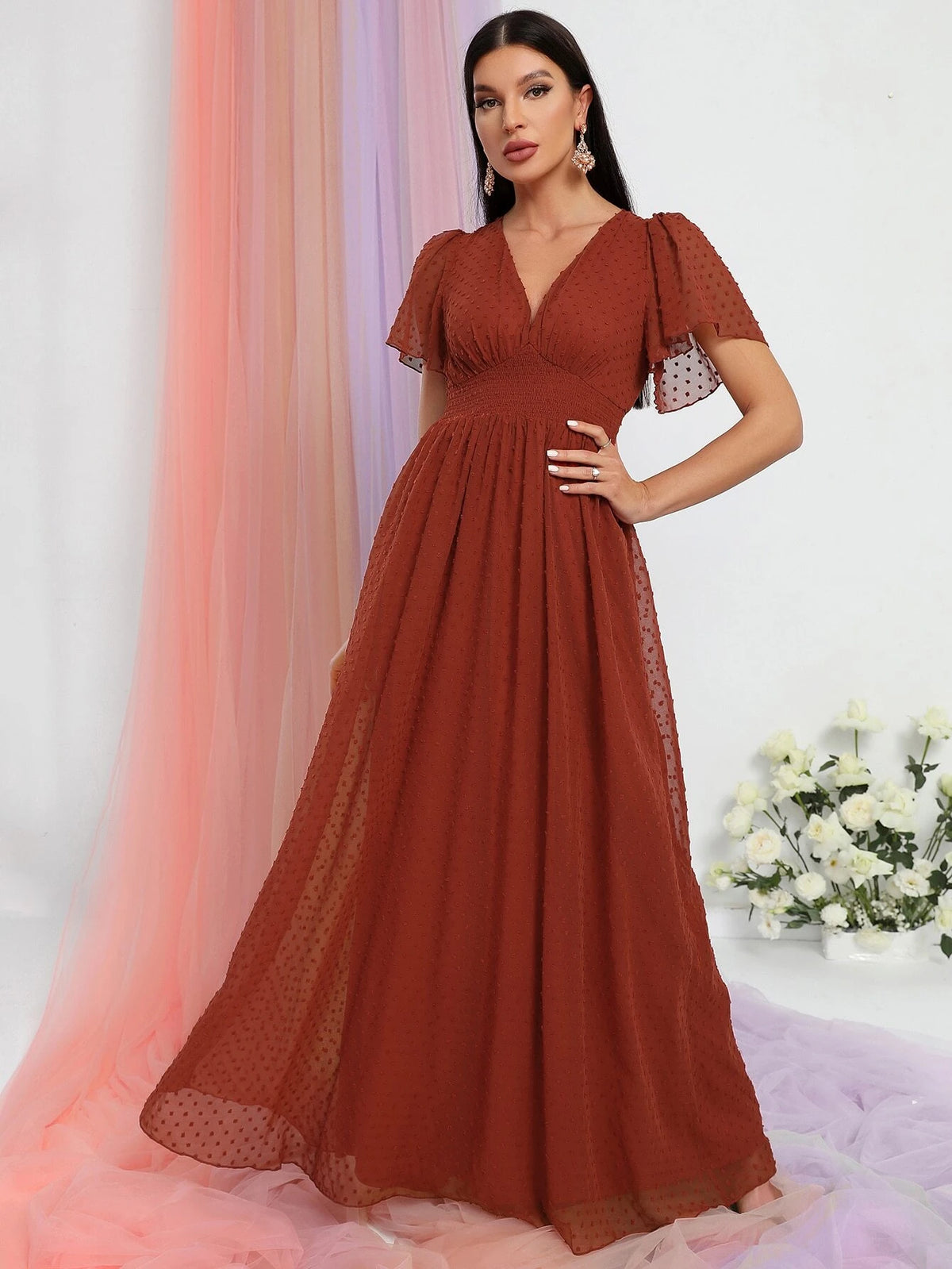Swiss Dot Butterfly Sleeve Chiffon Dress