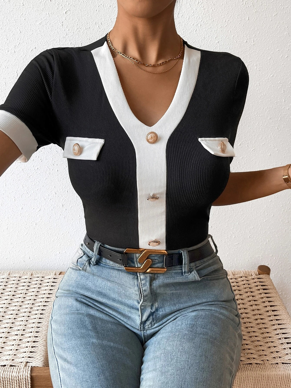 Contrast Trim Button Detail Tee
