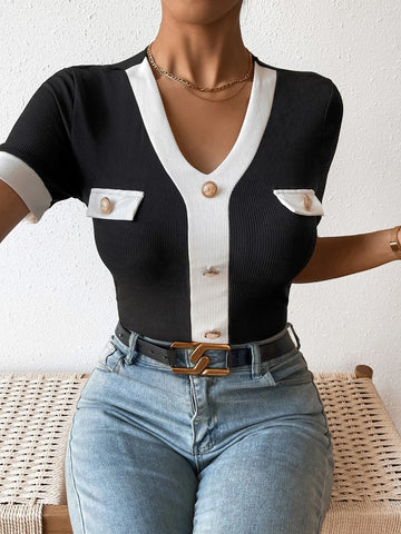 Contrast Trim Button Detail Tee