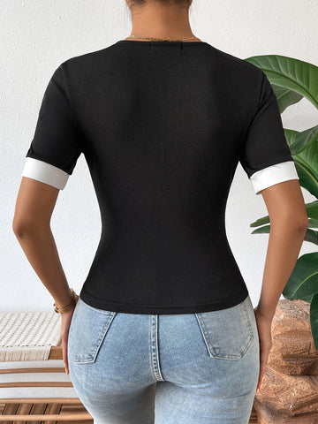 Contrast Trim Button Detail Tee