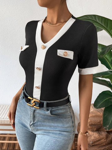 Contrast Trim Button Detail Tee